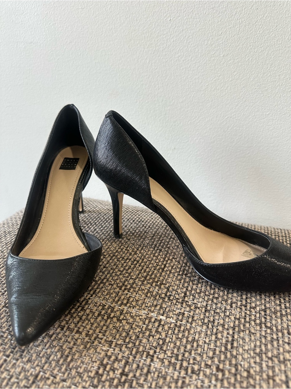 WHBM Ella Black Textured Pointed Toe D'Orsay Stiletto 3.5”Heels Size 9